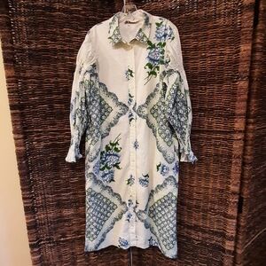 Tory Burch Smocked Knee Length Dress 8 Floral Button Up Cottagecore Western Boho